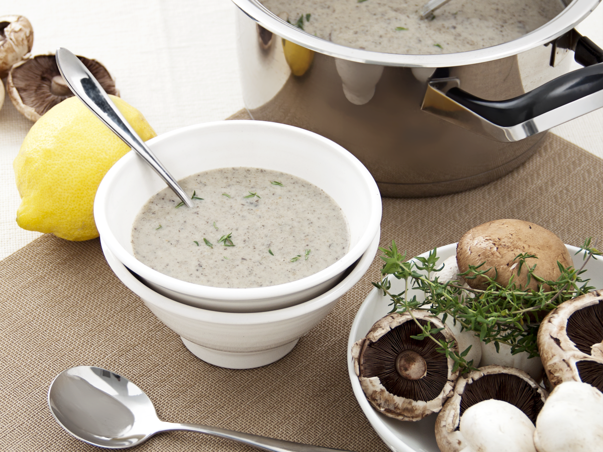 mushroom soup in white bowl