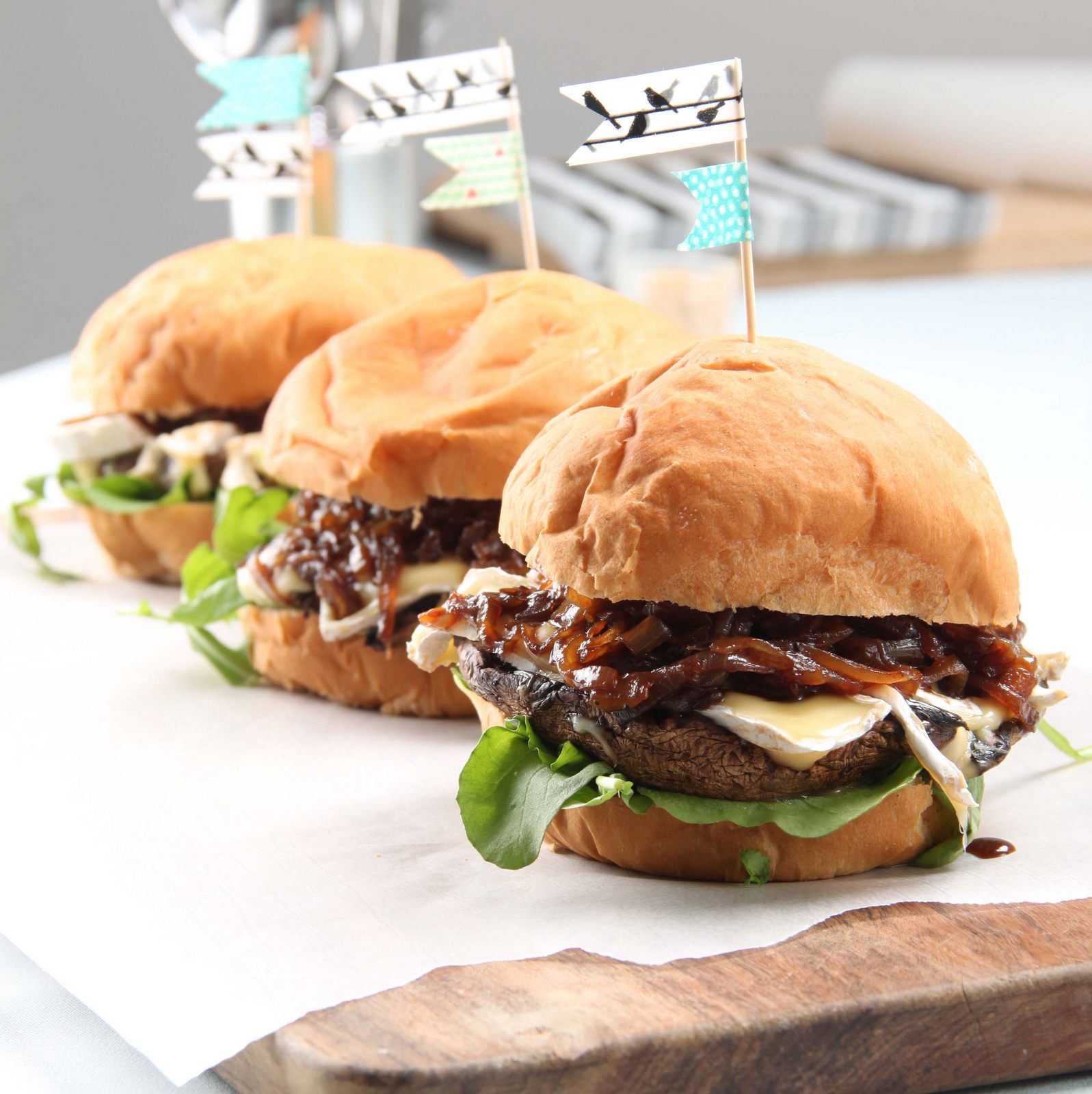 Giant mushroom burgers with caramelized onions 