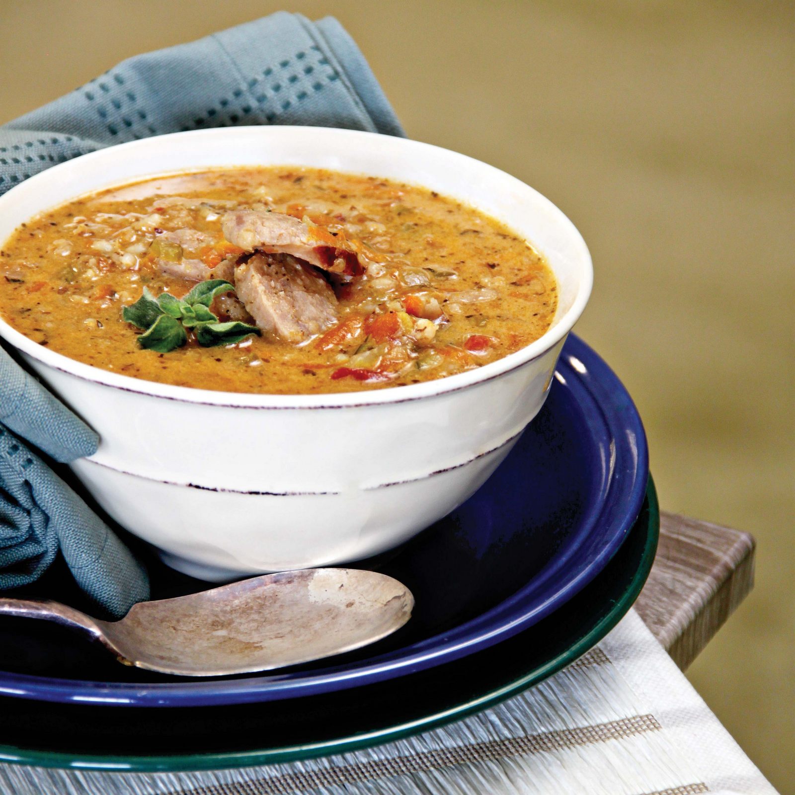 BARLEY SOUP WITH SAUSAGES AND SOUR CREAM