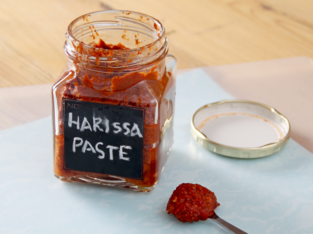 harissa paste in a jar with label