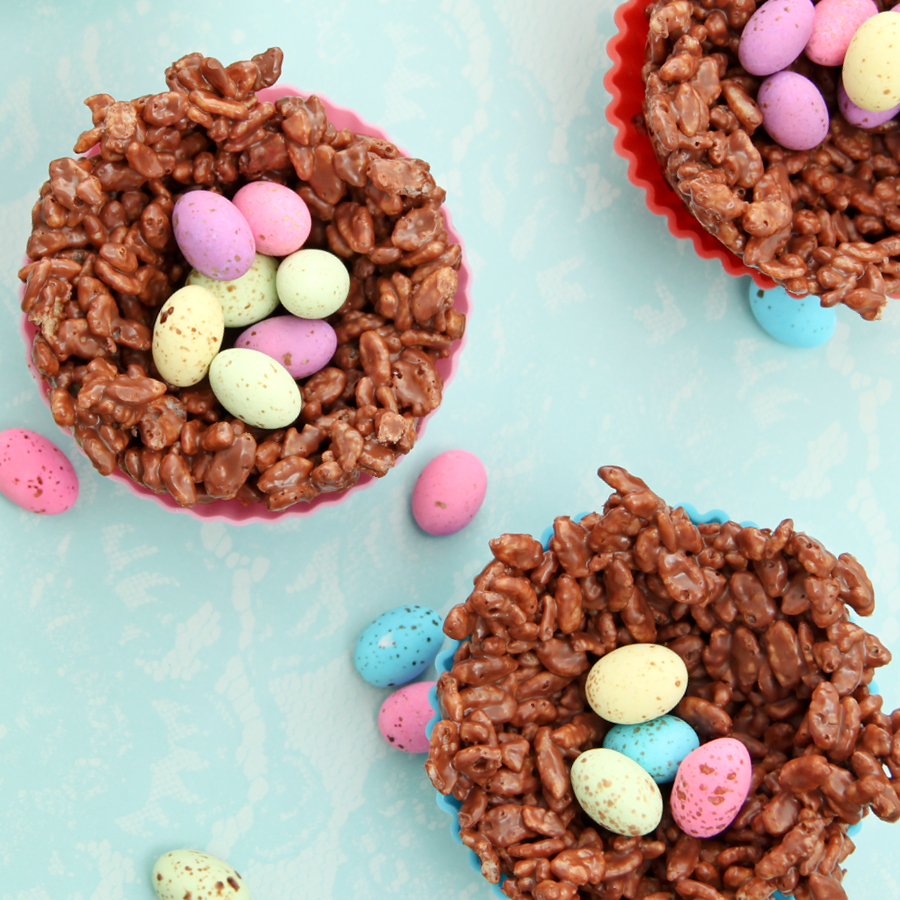 chocolate rice crispy nests with speckled eggs