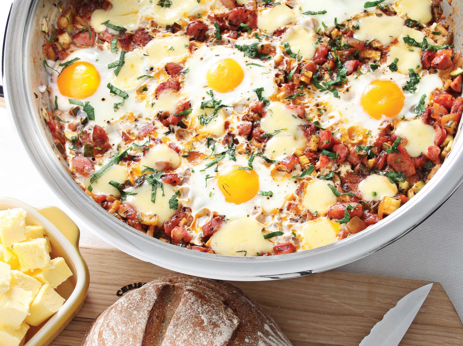 All day egg & sausage dish prepared in an AMC Electric Frying Pan