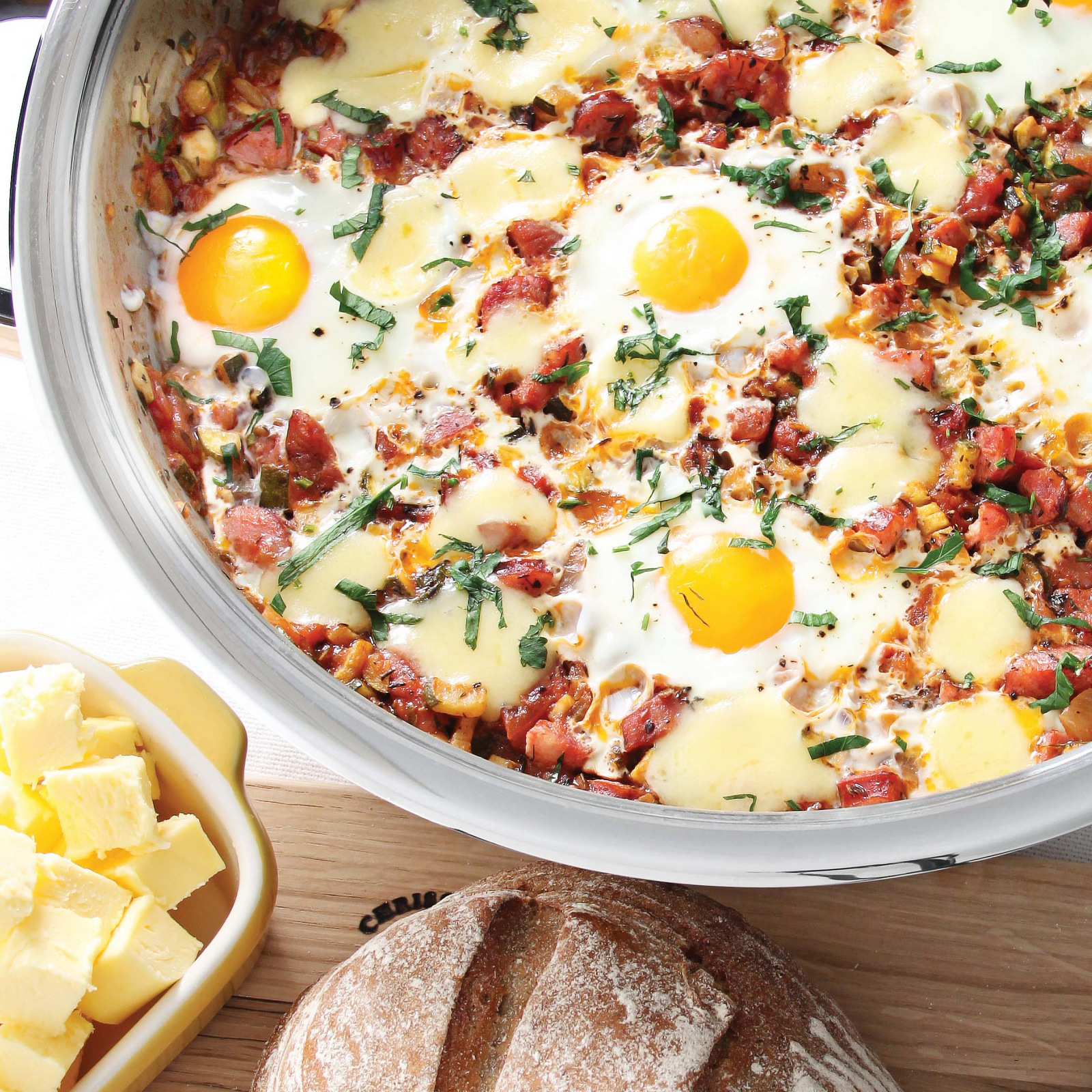 All day egg & sausage dish prepared in an AMC Electric Frying Pan