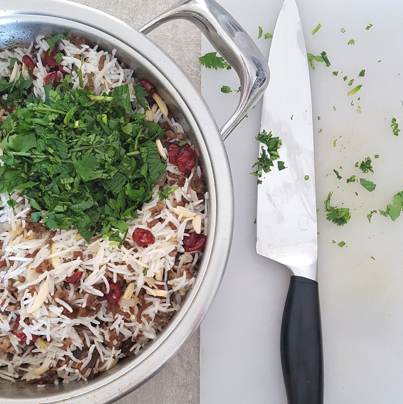 Lamb Pilaf with cranberries & dates prepared in AMC Gourmet