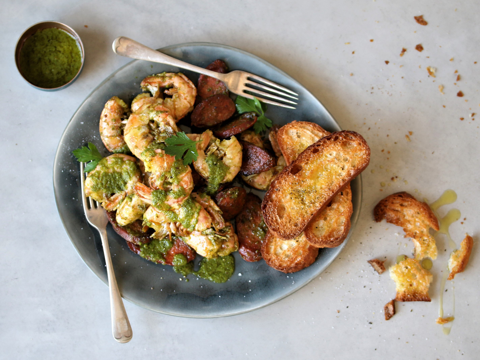 Pan-fried prawns with chorizo & chimichurri sauce cooked in an AMC Paella Pan